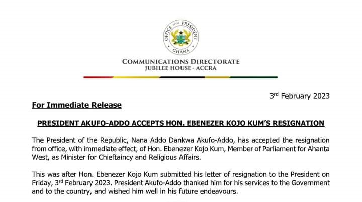 Read more about the article Hon. Minister Ebenezer Kojo Kum tends his resignation